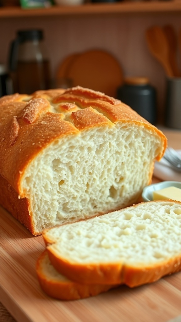 Freshly baked gluten-free bread loaf sliced on a wooden board with butter.